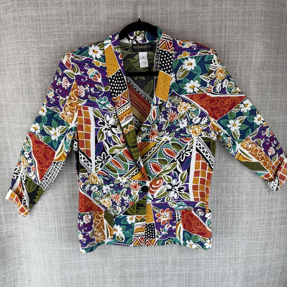 Requirements Blazer Womens 10 Multicolor Collared Lined Pockets 3/4 Sleeve